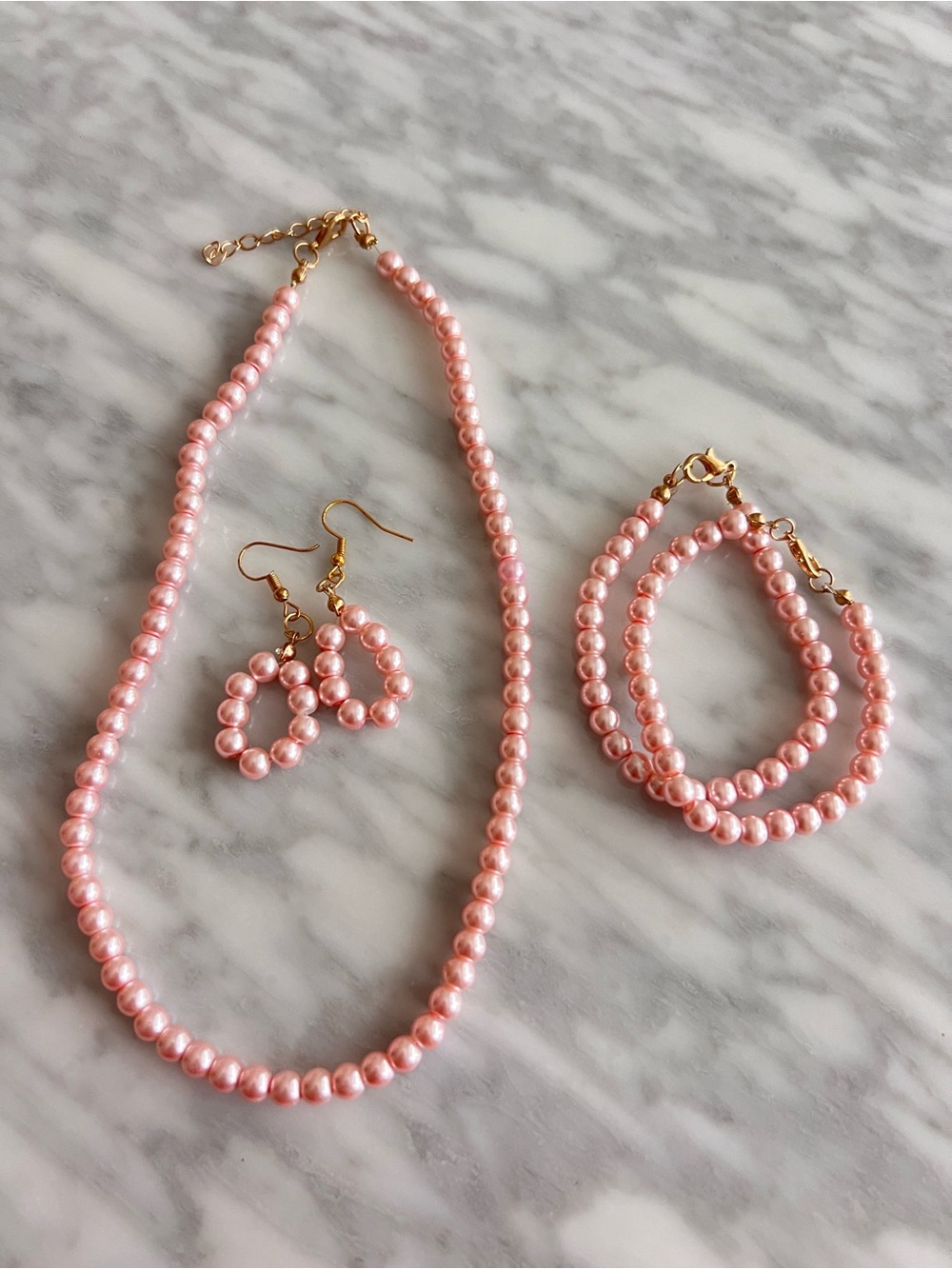 Glass Pink Pearl Jewelry Set - Necklace, Bracelet & Earrings